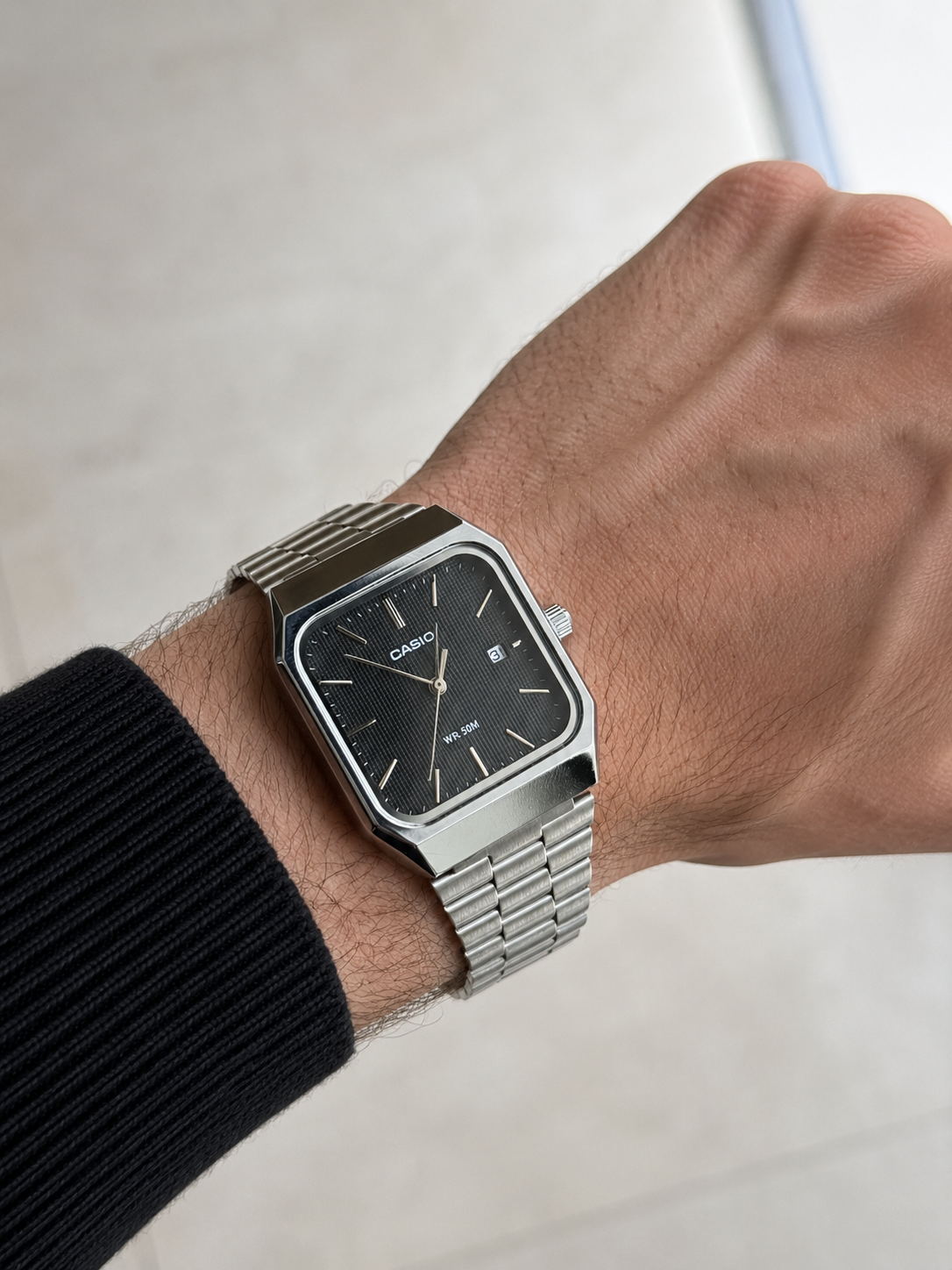 Casio Silver Stainless Steel Analog Watch with Black Textured Dial – WR 50M
