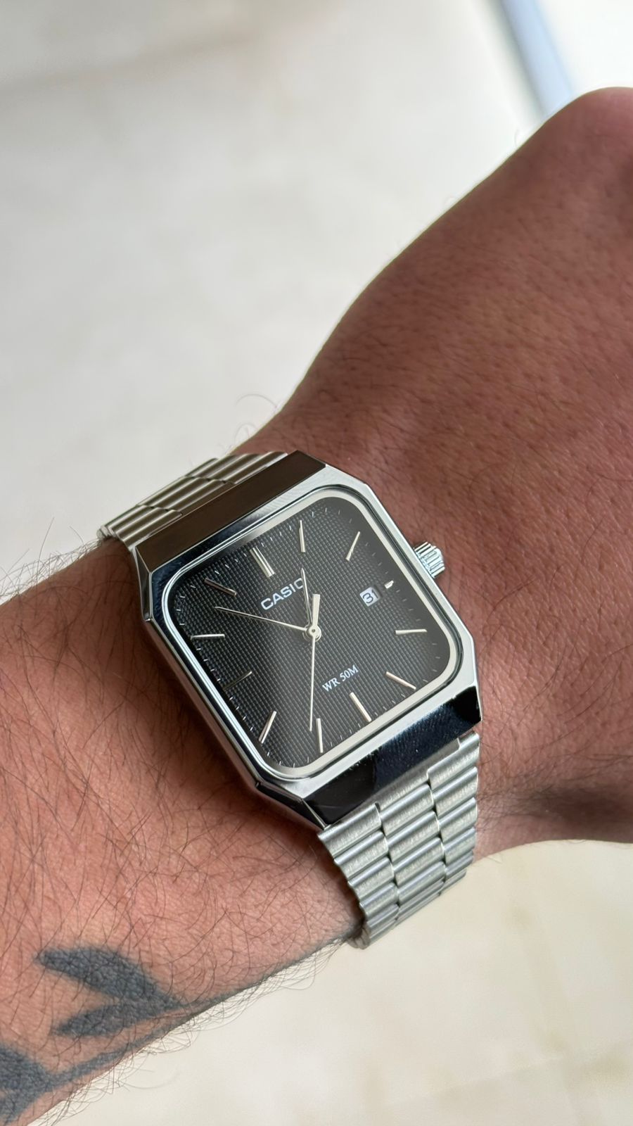 Casio Silver Stainless Steel Analog Watch with Black Textured Dial – WR 50M