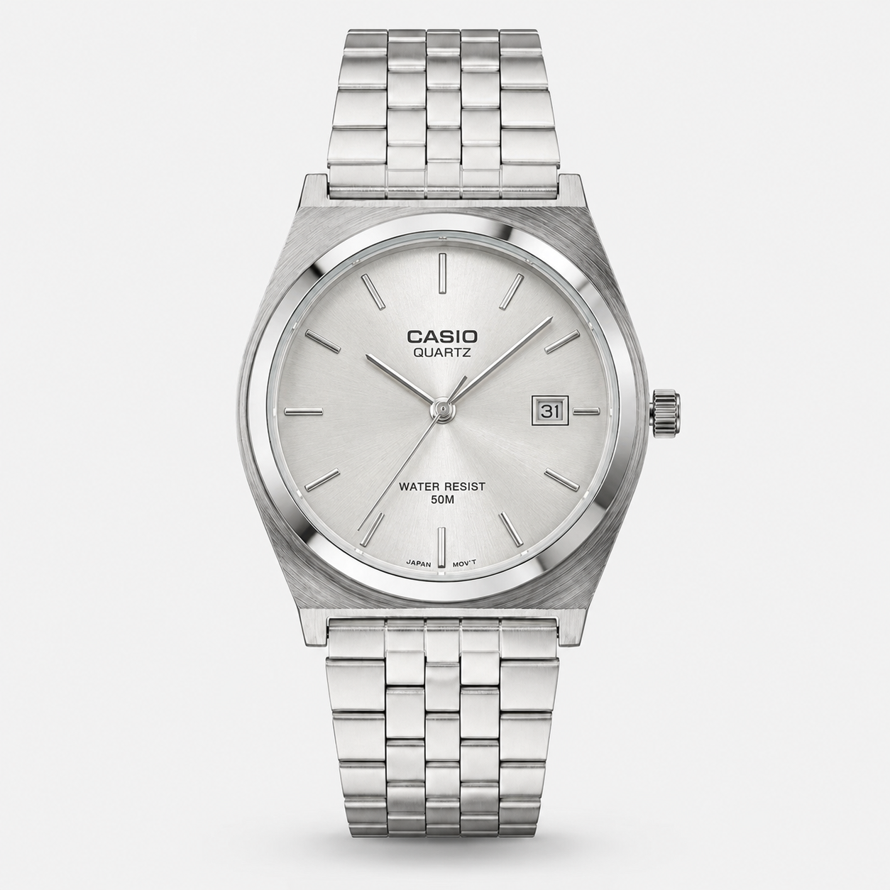 Casio Quartz Stainless Steel Watch – Silver White Dial, Water Resist 50M