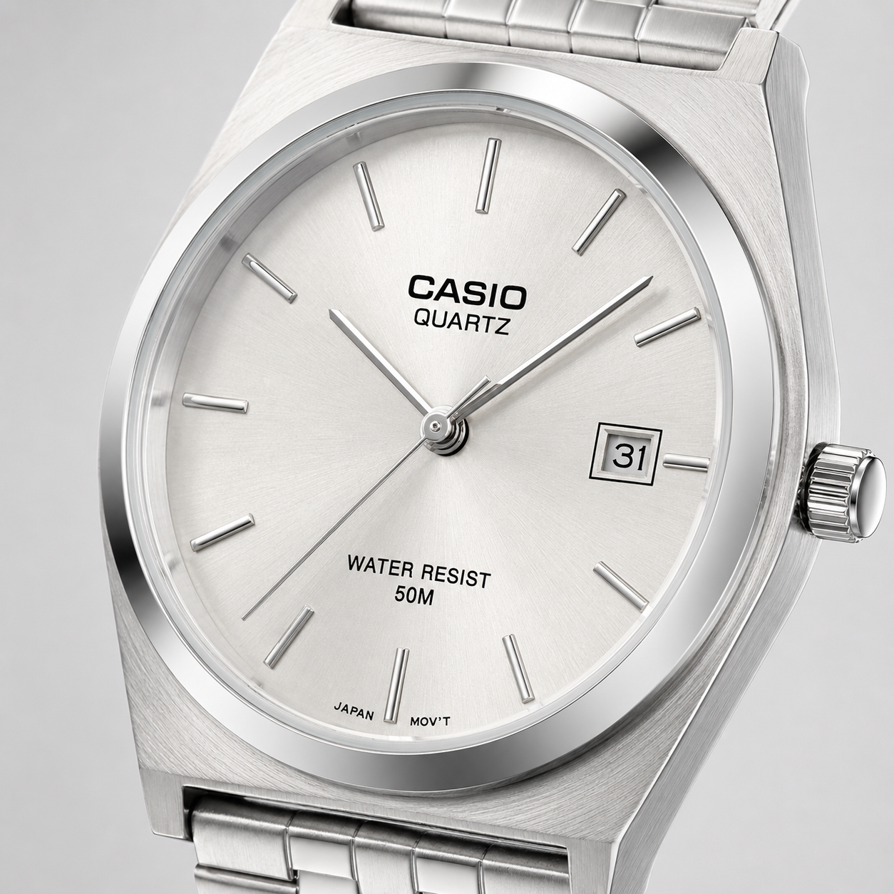 Casio Quartz Stainless Steel Watch – Silver White Dial, Water Resist 50M