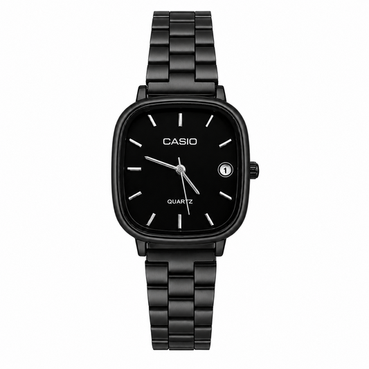 Montre Femme Casio Quartz Noire – Cadran Carré Élégant avec Bracelet Métallique Noir et Détails Argentés