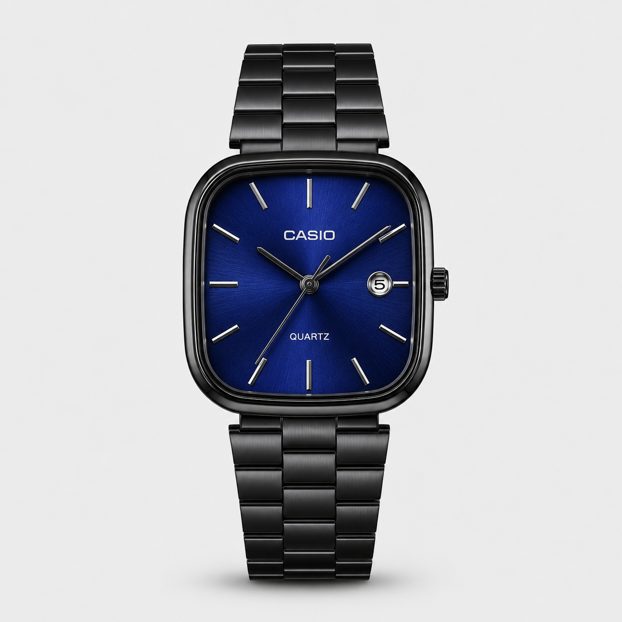 Montre Casio Quartz Noire – Cadran Carré Élégant avec Bracelet Métallique Noir et Détails blue