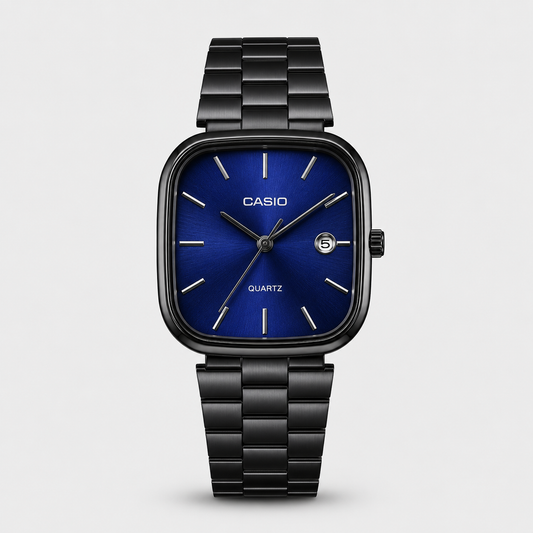 Montre Casio Quartz Noire – Cadran Carré Élégant avec Bracelet Métallique Noir et Détails blue