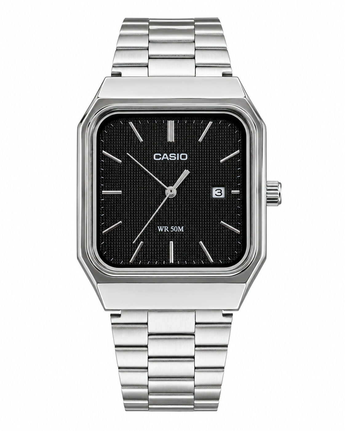 Casio Silver Stainless Steel Analog Watch with Black Textured Dial – WR 50M