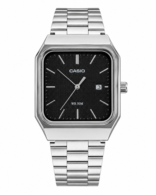 Casio Silver Stainless Steel Analog Watch with Black Textured Dial – WR 50M
