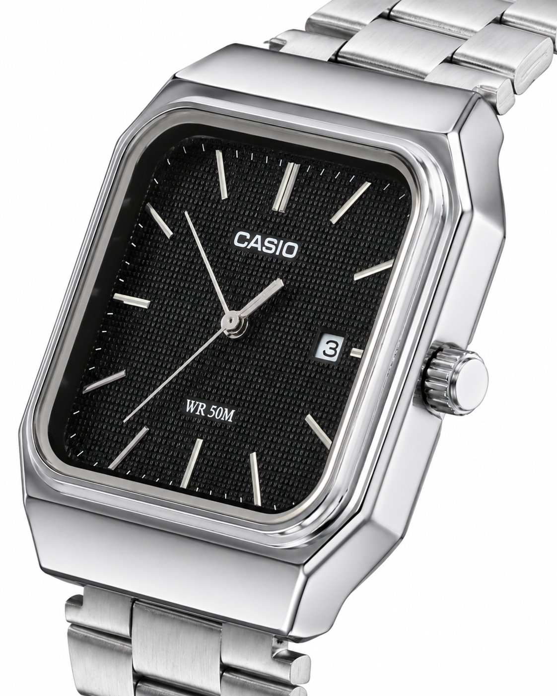 Casio Silver Stainless Steel Analog Watch with Black Textured Dial – WR 50M