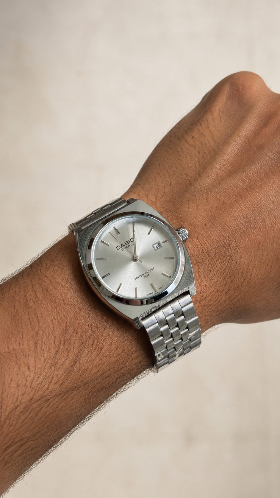 Casio Quartz Stainless Steel Watch – Silver White Dial, Water Resist 50M