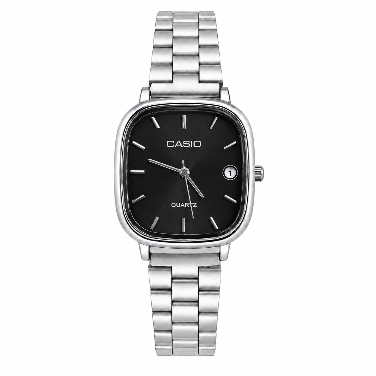 Montre Femme Casio Quartz Argentée – Cadran Noir Élégant avec Bracelet Métallique et Détails Argentés